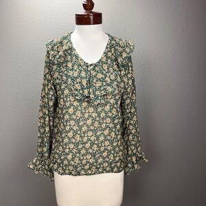 Daniel Caron Vintage Green Multi-color Floral Ruffle Blouse Sz M Cottagecore